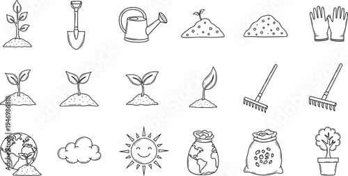 Collection of hand-drawn icons representing gardening and growth, perfect for eco-friendly themes