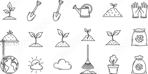 Gardening and planting icons set with sprouts, tools, and weather elements