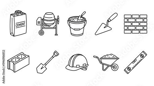 A collection of simple, outline-style icons representing various construction tools and materials, perfect for web design, infographics, or presentations on building and DIY.