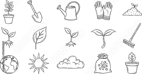 Collection of hand-drawn gardening icons representing growth and nature