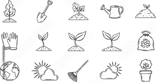 Collection of hand-drawn icons representing gardening and environmental care concepts