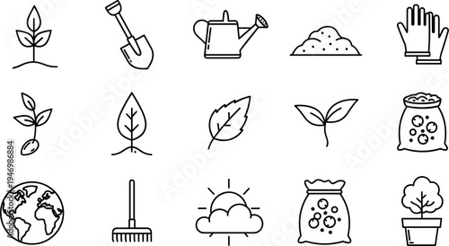 Gardening icons set for planting and growing plants, featuring tools and nature elements
