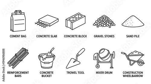 A clean line art illustration showcasing essential construction materials and tools including cement bags, blocks, reinforcement bars, and a wheelbarrow.