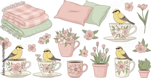 Cozy Floral Home Decor Vector Set with Teacups Birds Pillows Blankets Potted Flowers and Vintage Kitchen Illustration