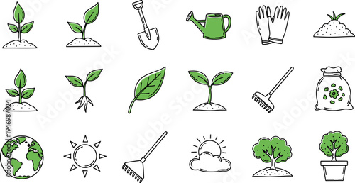 Collection of simple, hand-drawn icons representing gardening and nature concepts
