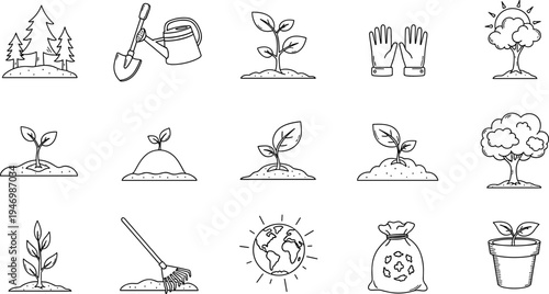 Collection of hand-drawn icons representing gardening and plant growth, perfect for eco-friendly themes