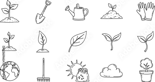 Gardening and planting icons set with sprouts, tools, and weather elements