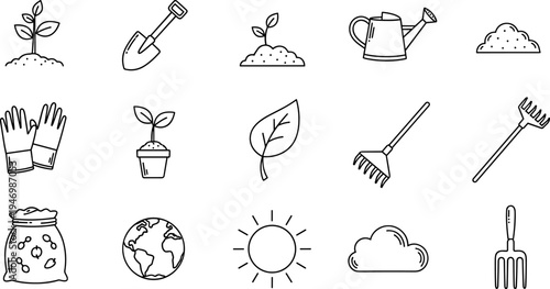 Gardening icons collection featuring tools and elements for planting