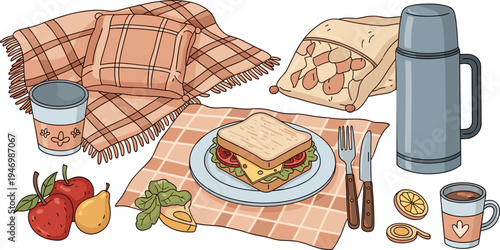 Cozy Picnic Food and Outdoor Blanket Vector Set with Sandwich Thermos Mug Fruit Cutlery and Cushion Cartoon Picnic Scene Illustration
