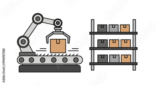 Industrial robotic arm handling boxes.