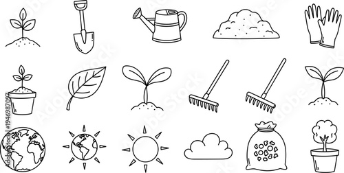 Collection of hand-drawn gardening icons representing growth, tools, and nature elements