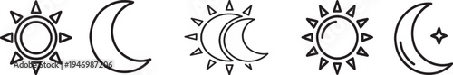 Sun and moon outline icons outline black and white, Vector.