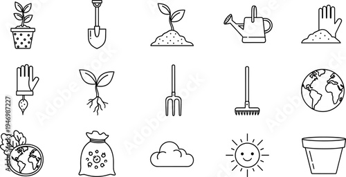 Gardening icons set for planting and growing plants, featuring tools and nature elements