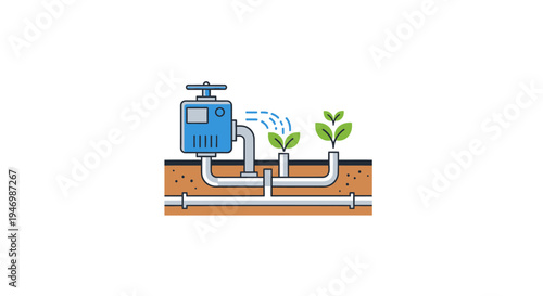 Irrigation system with green plants growing.