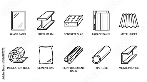 A collection of clean line art icons depicting various construction and building materials, including glass, steel, concrete, insulation, and metal.