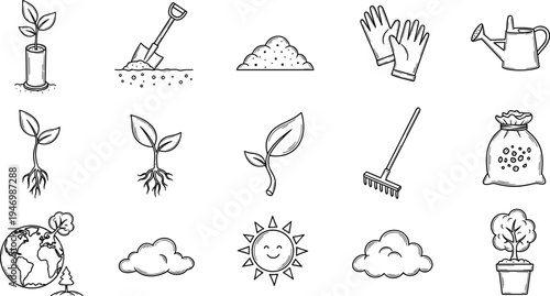 Collection of hand-drawn icons representing gardening and nature elements for eco-friendly concepts