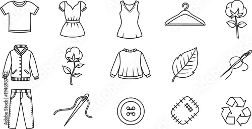Collection of clothing and sewing icons, representing fashion and textile crafts