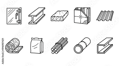 This is a simple, modern line art icon set featuring ten different construction materials used in building and renovation projects.
