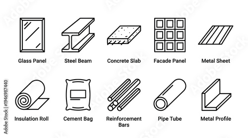 Collection of ten clean line art icons representing various construction materials like glass, steel, concrete, metal, and insulation for building projects.