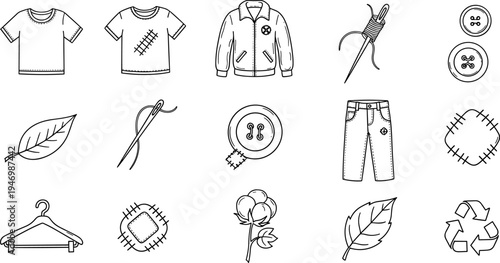 Hand-drawn icons for sustainable fashion and clothing repair, including cotton and recycling symbols