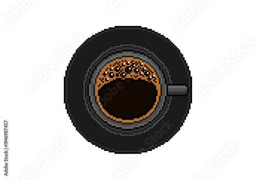 Pixel art illustration of a black mug filled with steaming coffee, viewed from above, featuring bubbles on the dark brew's surface.