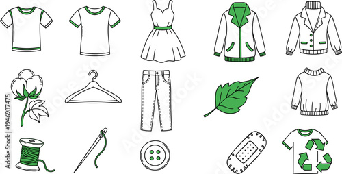Collection of clothing and sewing icons representing sustainable fashion and eco-friendly textile production
