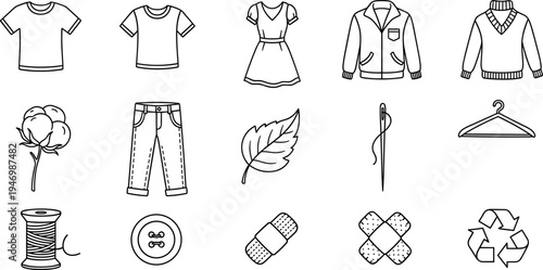 Collection of simple line art icons representing clothing, sewing, and sustainability concepts