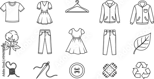 Collection of clothing items and sewing supplies, representing fashion and sustainability