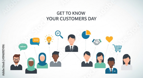 Diverse group of people icons connect with central businessman on get to know your customers day