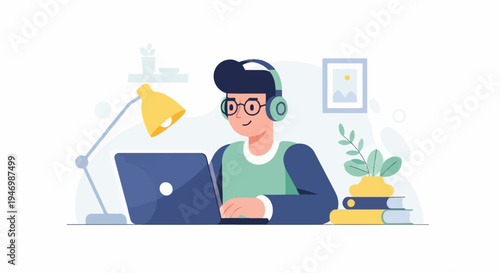 Young person in headphones and glasses works on laptop with desk lamp and books
