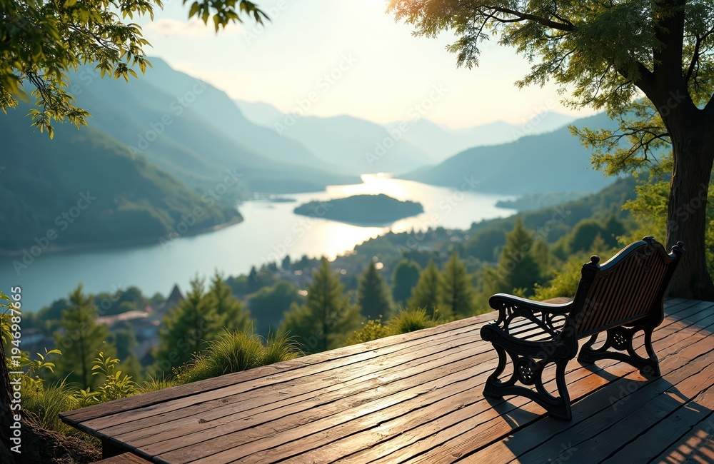 Naklejka premium Wooden deck with ornate bench overlooks vast lake and rolling green mountains. Sun shines brightly through leafy trees, casting long shadows on the deck boards. Peaceful natural scenery.