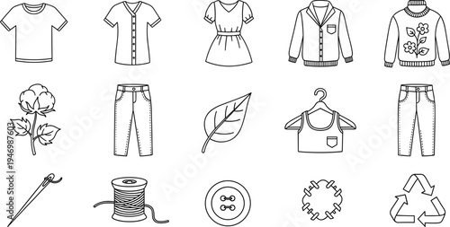 Collection of clothing and sewing icons representing sustainable fashion and textile production