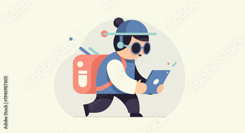 Young person wearing headphones and glasses, carrying a backpack, and using a tablet