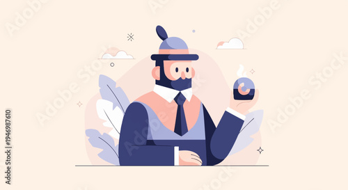 Stylized man in hat with beard holds round object, surrounded by leaves