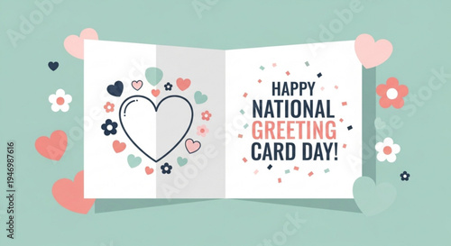 Happy national greeting card day celebration with heart design and flowers on green background