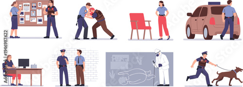 Police activity illustration set, law enforcement graphics, crime investigation symbols, officer duty figures, forensic and patrol design, flat artwork