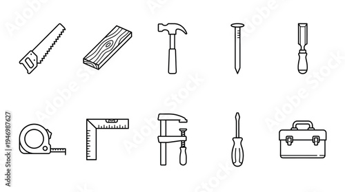 A clean line art illustration featuring a collection of carpentry tools including a saw, wood plank, hammer, nail, chisel, tape measure, square, clamp, screwdriver, and toolbox.