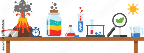 Science Experiment Collection with Volcano, Chemical Reactions, Lab Equipment, and Magnifying Glass, Perfect for Educational and Science-Themed Designs