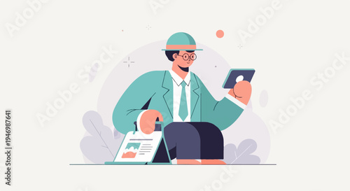 Trendy individual in a teal suit, hat, glasses, holding a tablet, and reviewing documents