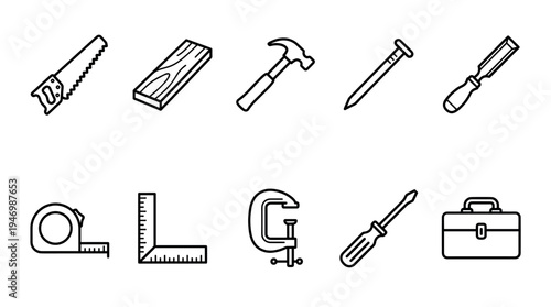 A collection of black outline icons depicting various carpentry and DIY tools, arranged in two rows against a clean white background.