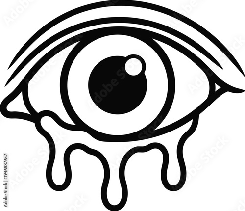Crying Human Eye with Melting Tears Vector Illustration Line Art
