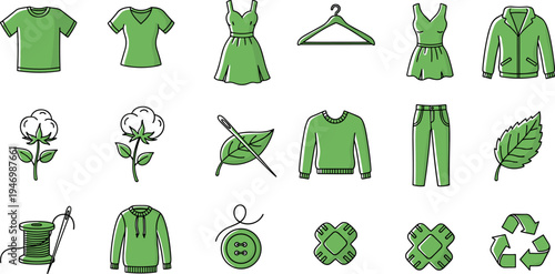 Sustainable fashion icons: cotton, clothing, sewing, and recycling symbols