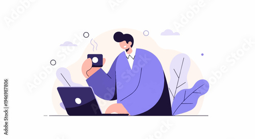 A man in a purple shirt sips coffee while working on his laptop