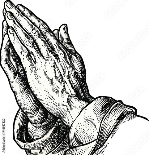 Praying hands illustration, religious devotion symbol, spiritual reflection graphic, faith and meditation figure, black and white drawing, detailed sketch