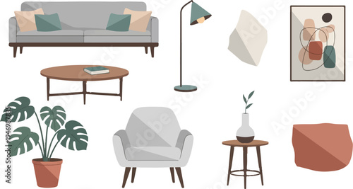 A modern living room setup with furniture and decorative elements