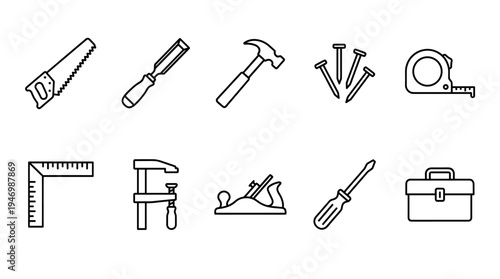 A collection of simple black and white line art icons representing various carpentry tools, including a saw, chisel, hammer, nails, tape measure, square, clamp, plane, screwdriver, and toolbox.