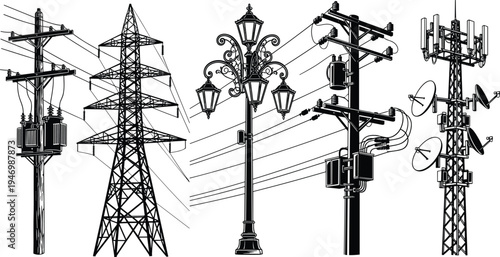 Illustration of utility poles and towers, wooden power lines, transmission tower, decorative street lamp, telecommunications tower with antennas, infrastructure and communication systems