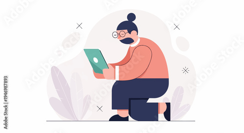 A person with a bun and glasses uses a laptop on a white background