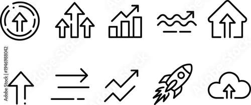 Business growth icons set arrows chart rocket cloud upload progress success analytics line vector symbols for startup development concept