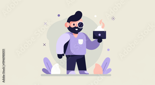 A minimalist cartoon man with a beard and monocle holds a glowing item